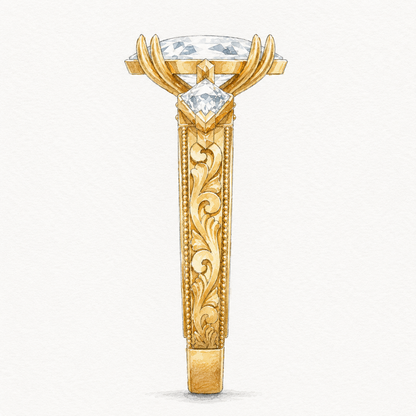 Dutch marquise ring, cathedral setting detail
