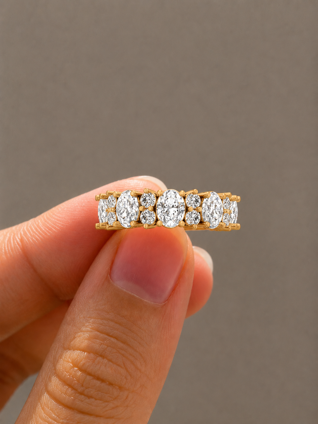Oval and Double Round Lab-Grown Diamond Half Eternity Band, IGI-Certified, 14K 18K Gold, front view