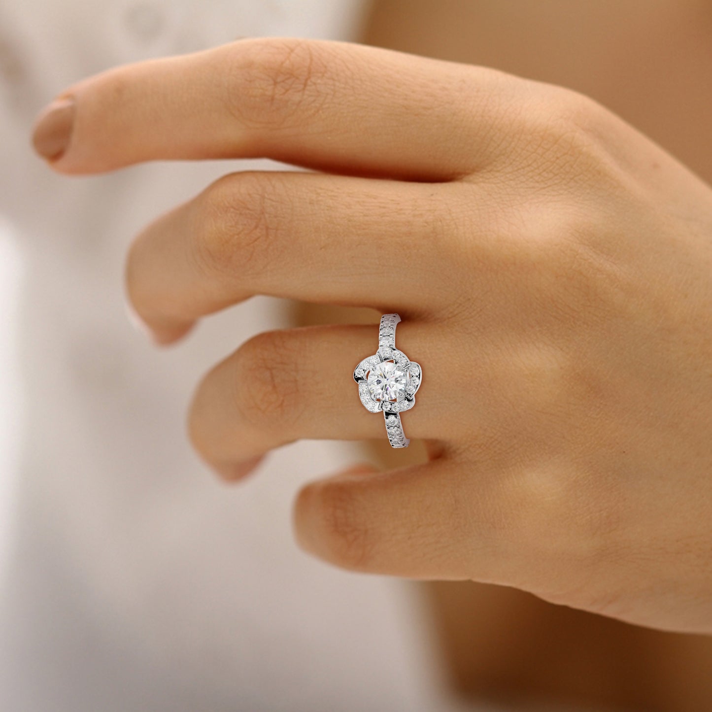 Round Solitaire Flora Halo Engagement Ring in Lab Grown Diamond
