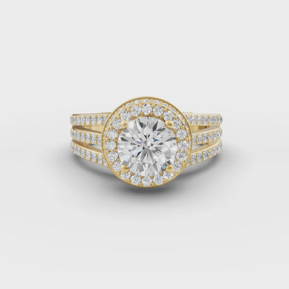 Round Solitaire Halo Double Split Engagement Ring in Lab Grown Diamond