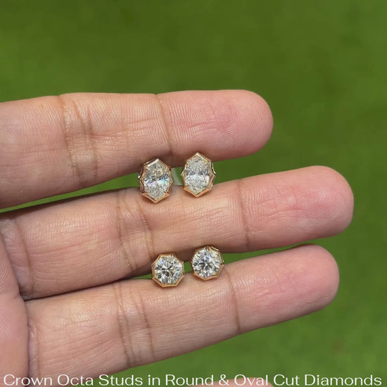 crown octa lab-grown diamond stud earrings 14k yellow gold round and oval cut for women
