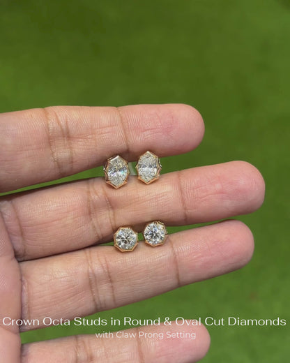 crown octa lab-grown diamond stud earrings 14k yellow gold round and oval cut for women
