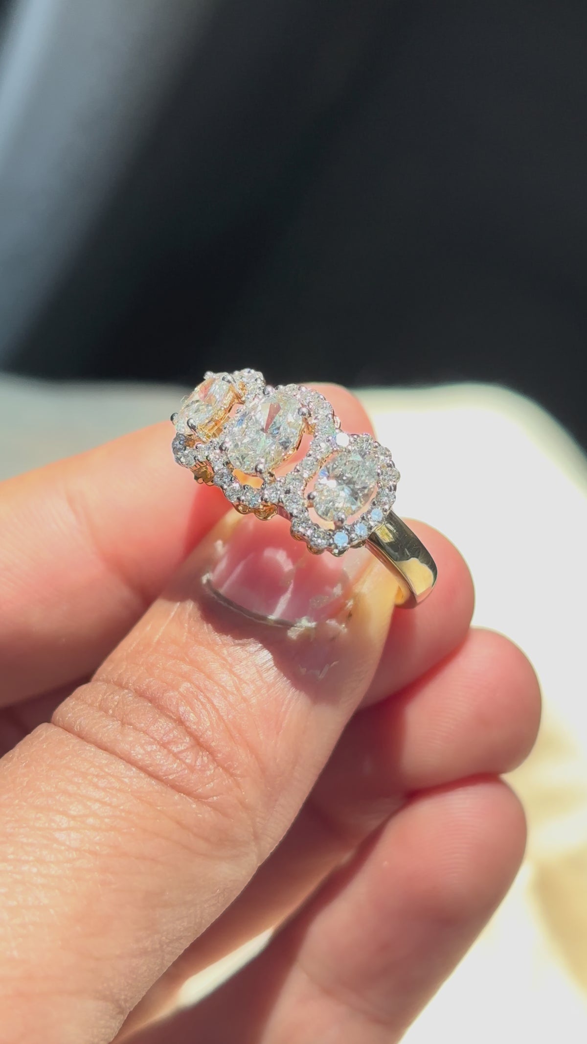 Three-Stone Oval Halo Engagement Ring | Lab-Grown Diamond